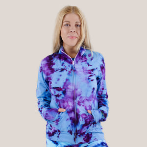 Blue + purple tie dye jacket by Akasha Sun.