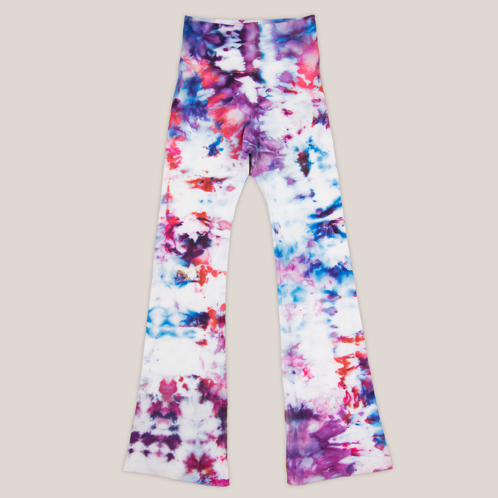 Blue, Purple, Red, and White Ice Dyed Yoga Pants by Akasha Sun.