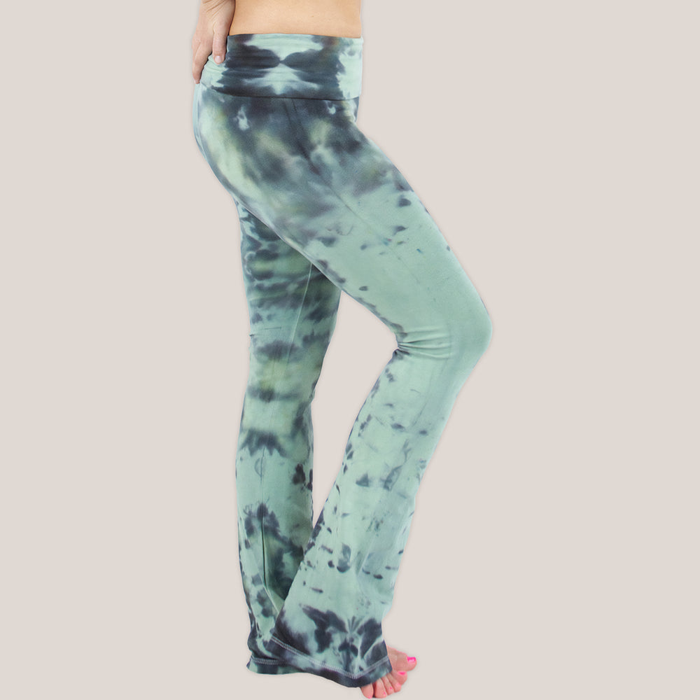 Tie dye green camo yoga pants with a fold over waistband by Akasha Sun