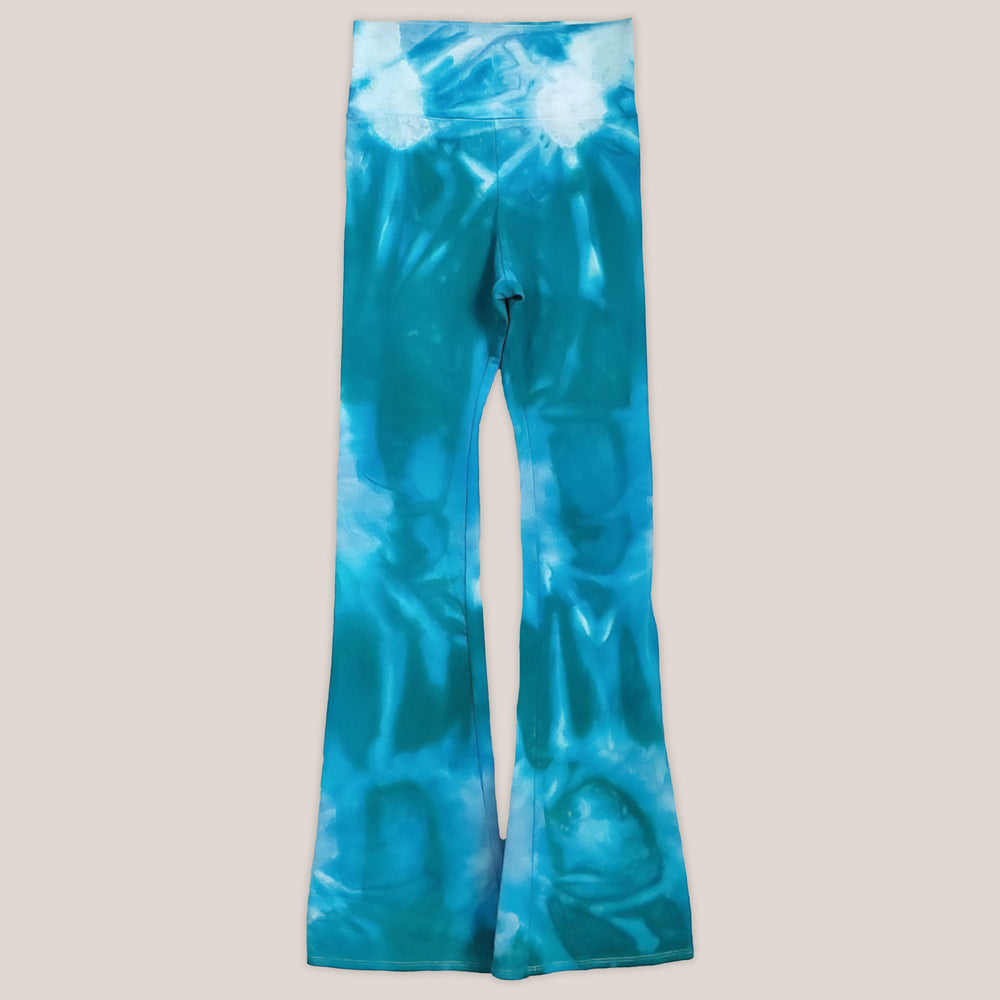 Teal tie dye yoga pants with wide waistband by Akasha Sun