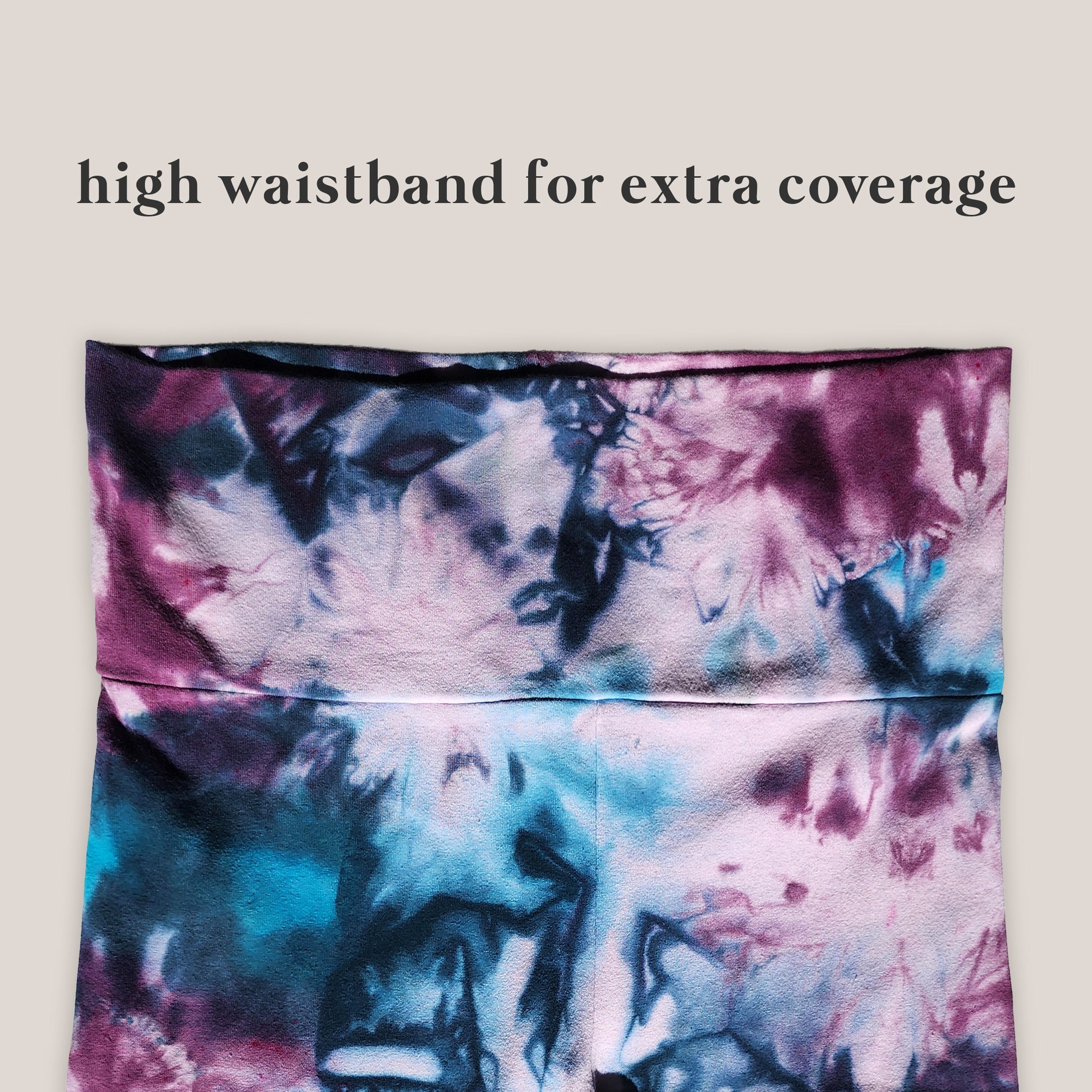 Tie-dye patterned product with text 'high waistband for extra coverage' on a beige background
