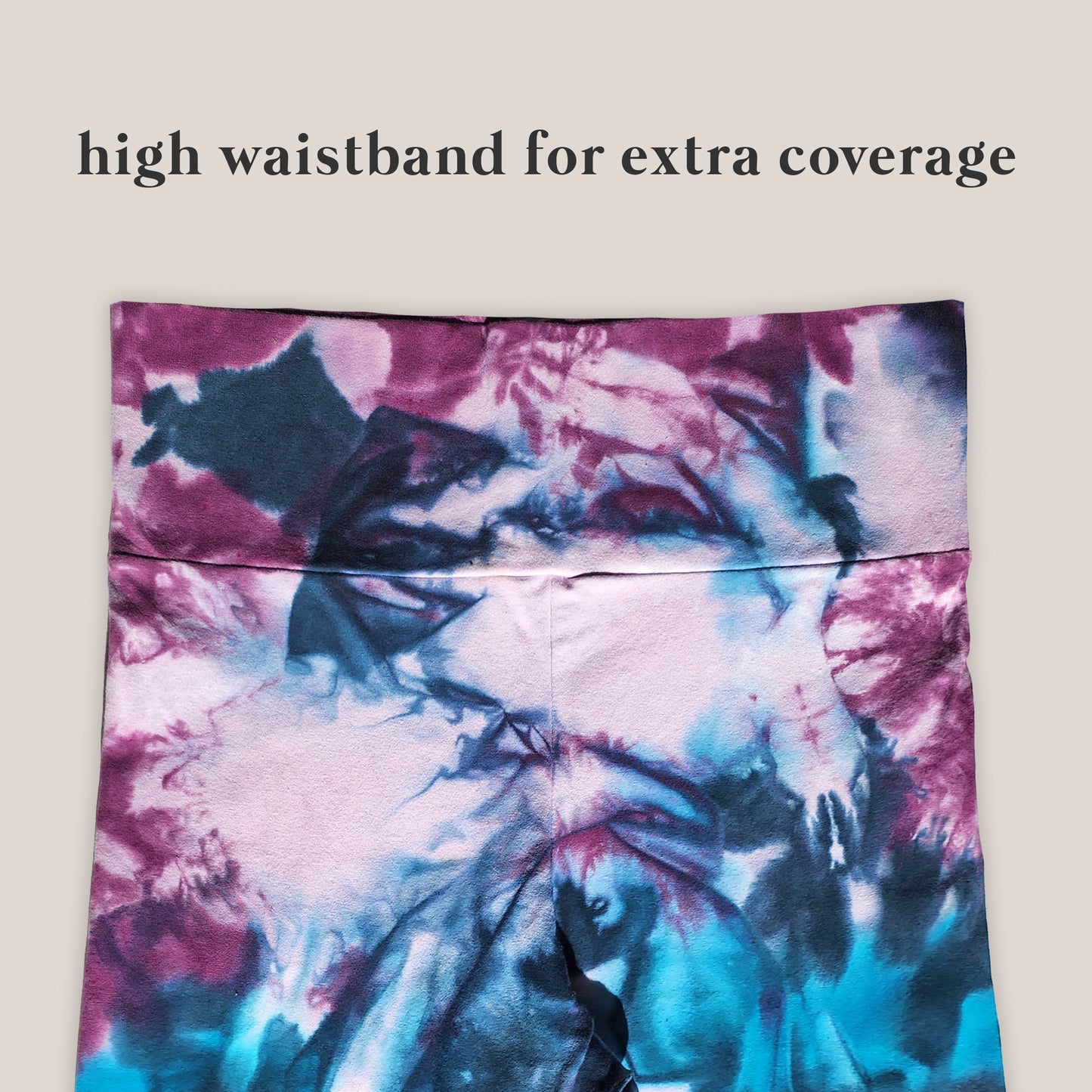 Tie-dye patterned fabric with a high waistband on a beige background