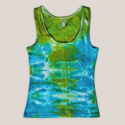Tie-dye tank top with green and blue pattern on a beige background