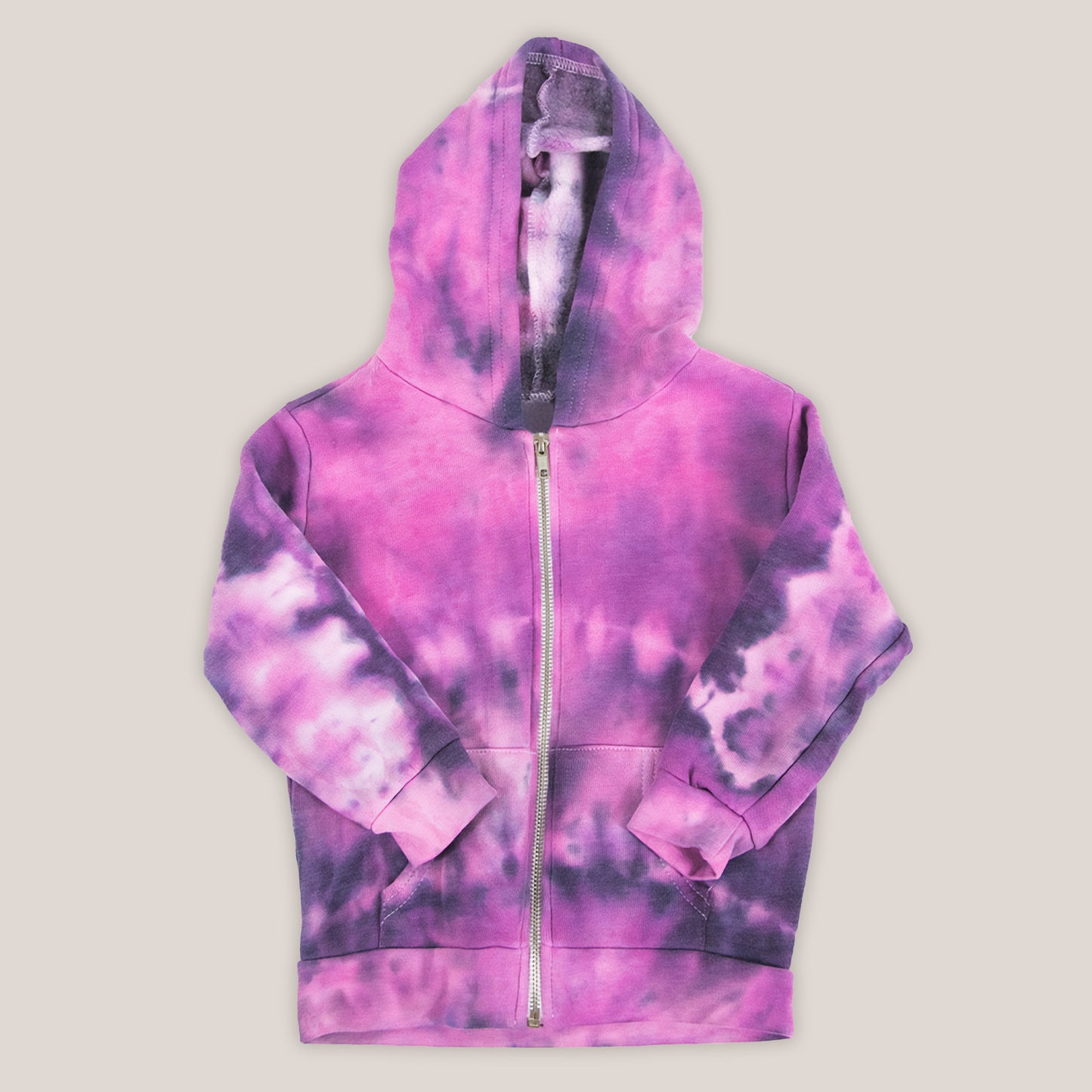 Pink and black tie dye toddler's jacket with a soft fleece interior, hood, pockets, and zipper.