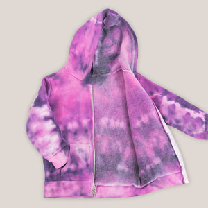 Pink and black tie dye toddler's jacket with a soft fleece interior, hood, pockets, and zipper.