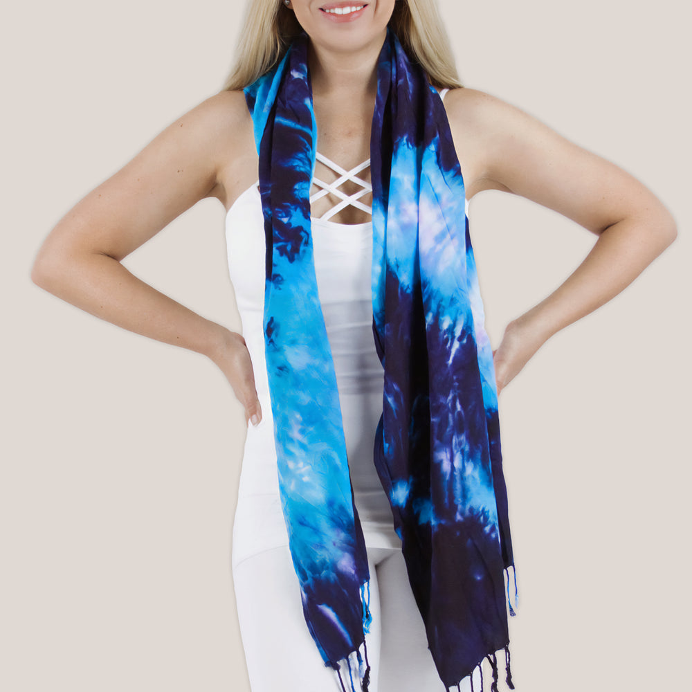 Blue tie dye scarf by Akasha Sun.