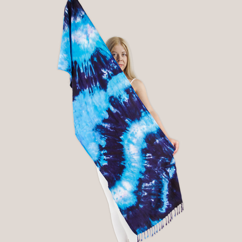 Blue tie dye scarf by Akasha Sun.