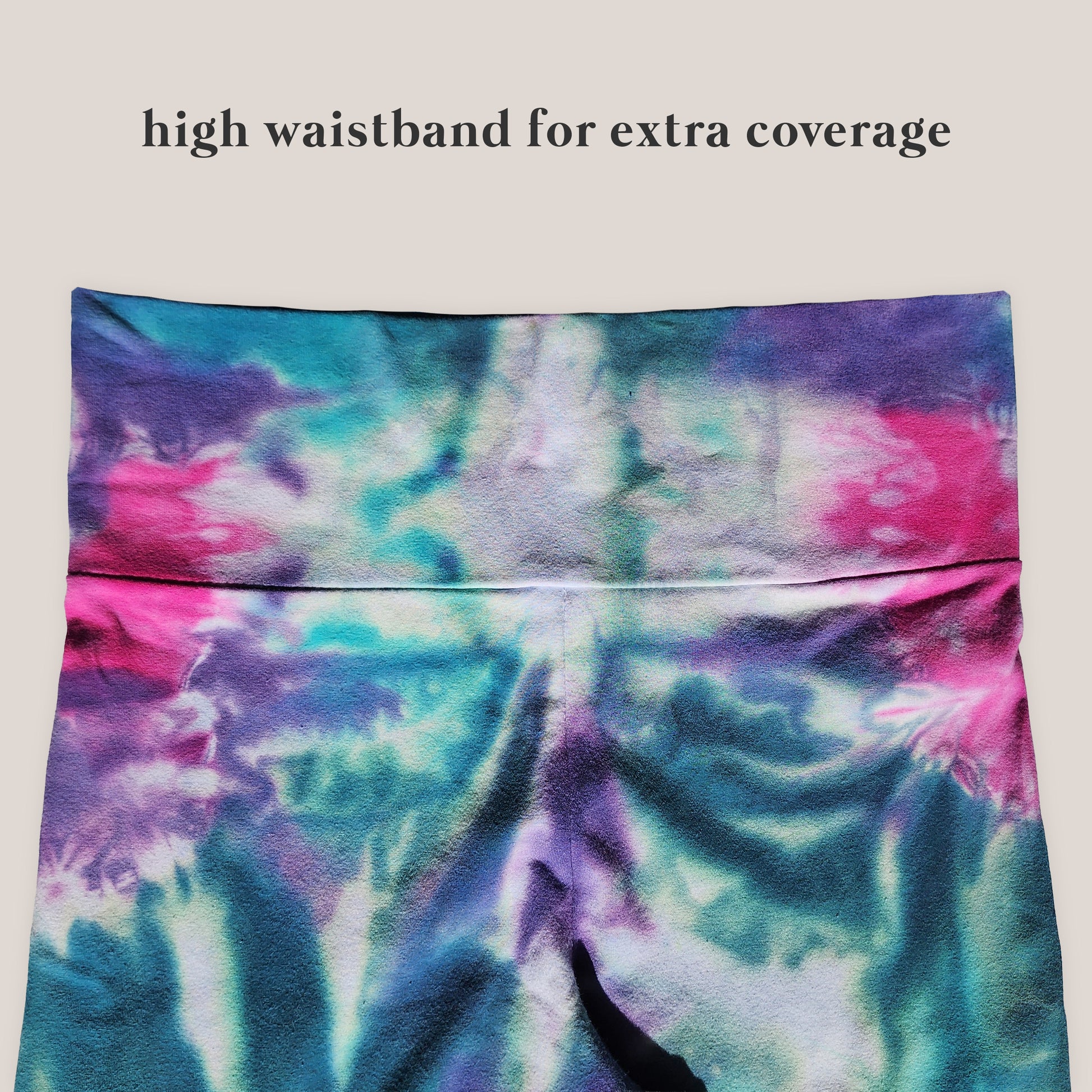 Multicolored tie-dye fabric with a high waistband on a beige background