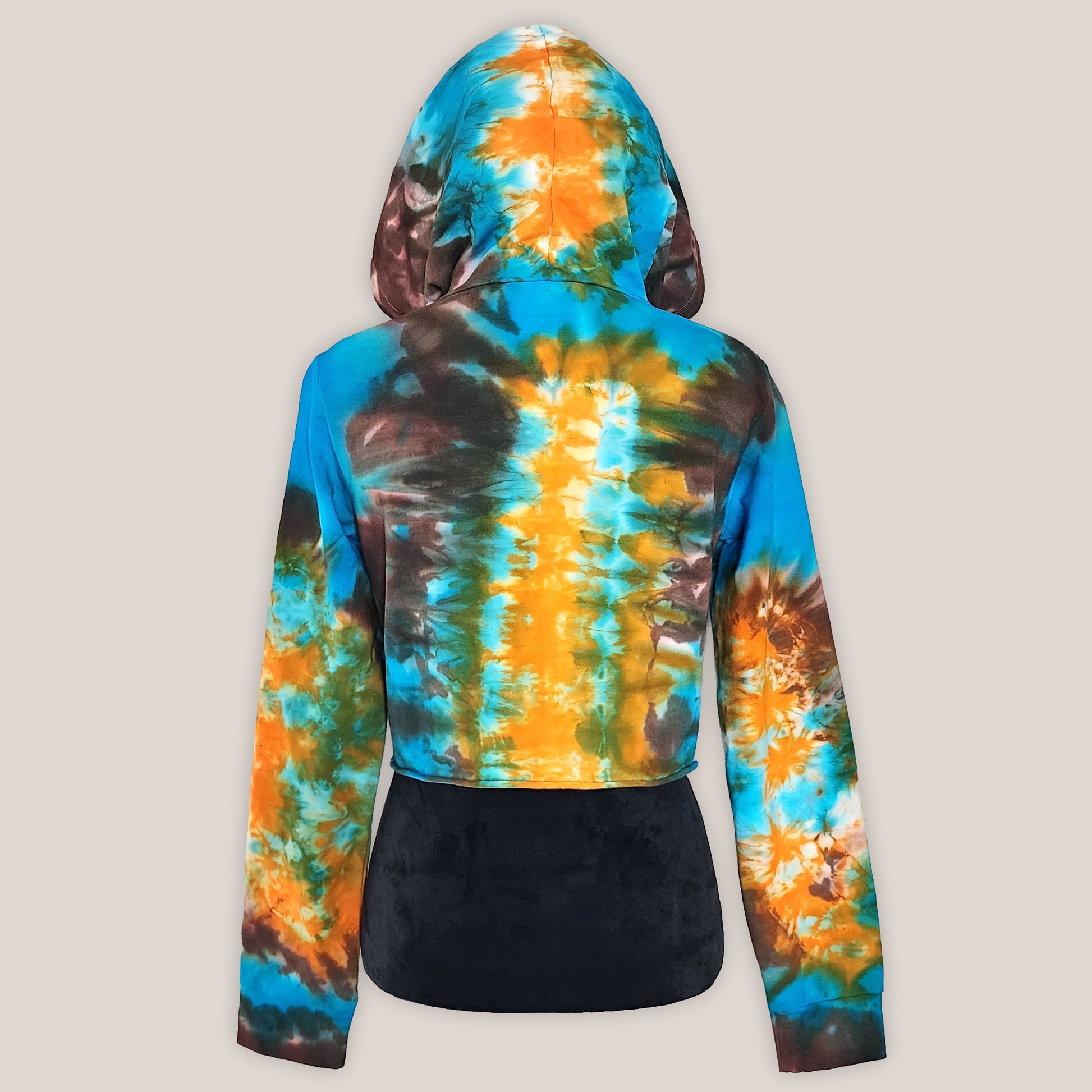 Tie-dye hoodie with blue, orange, and brown colors on a light gray background