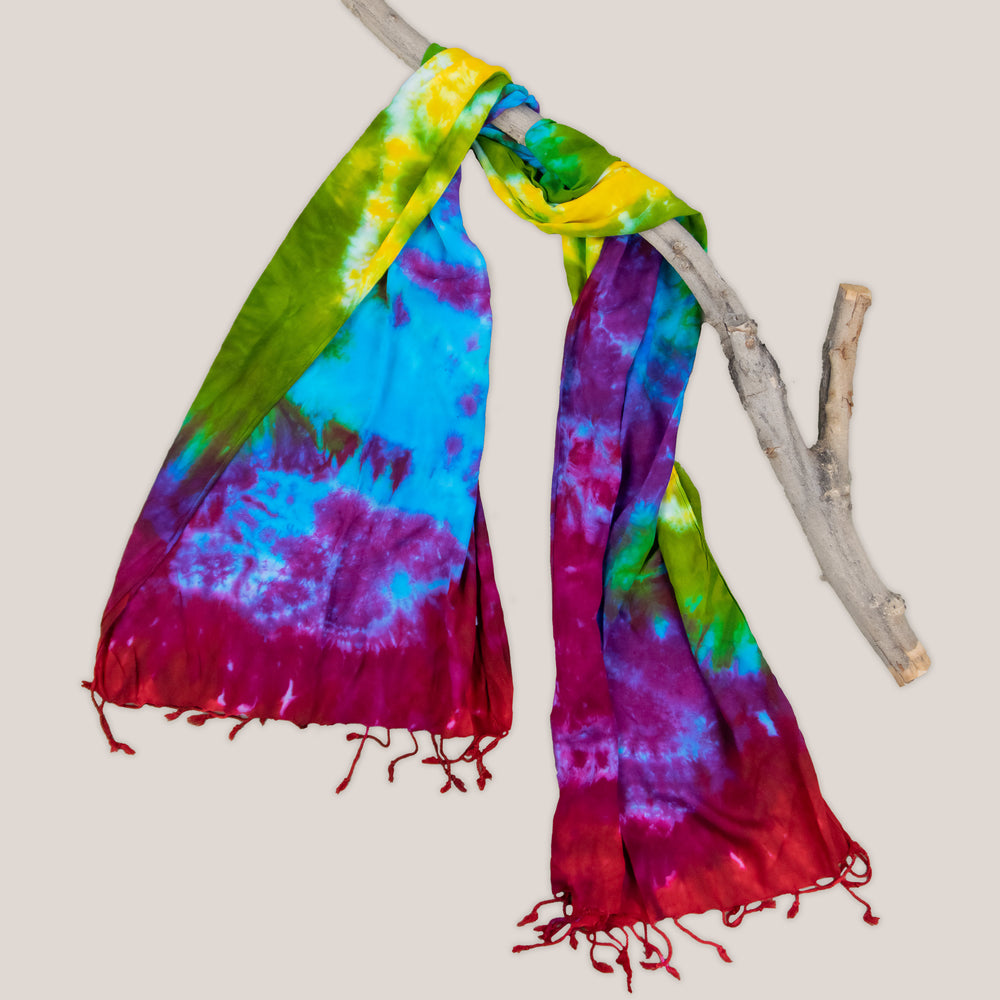 Rainbow tie dye scarf with fringe by Akasha Sun.