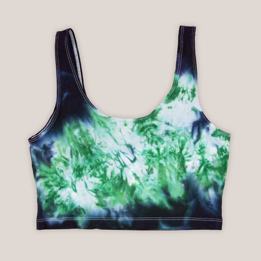 Black and green tie dye crop tank by Akasha Sun.