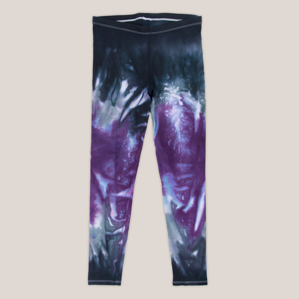 Black, purple, and silver tie dye yoga leggings by Akasha Sun