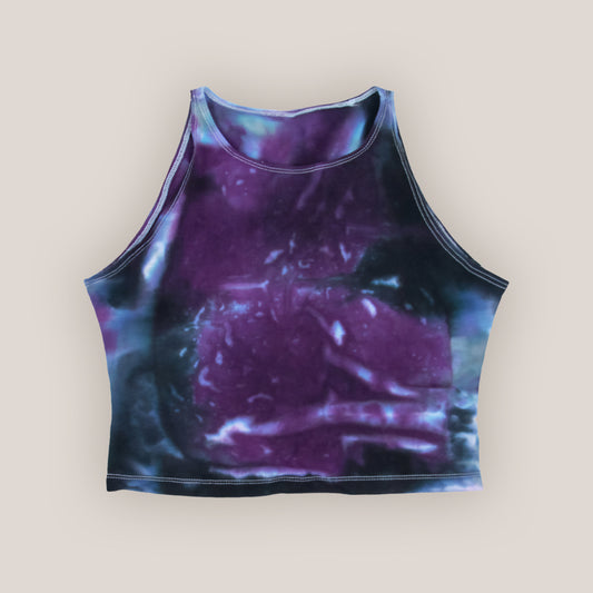 Purple + black tie dye yoga crop top by Akasha Sun.