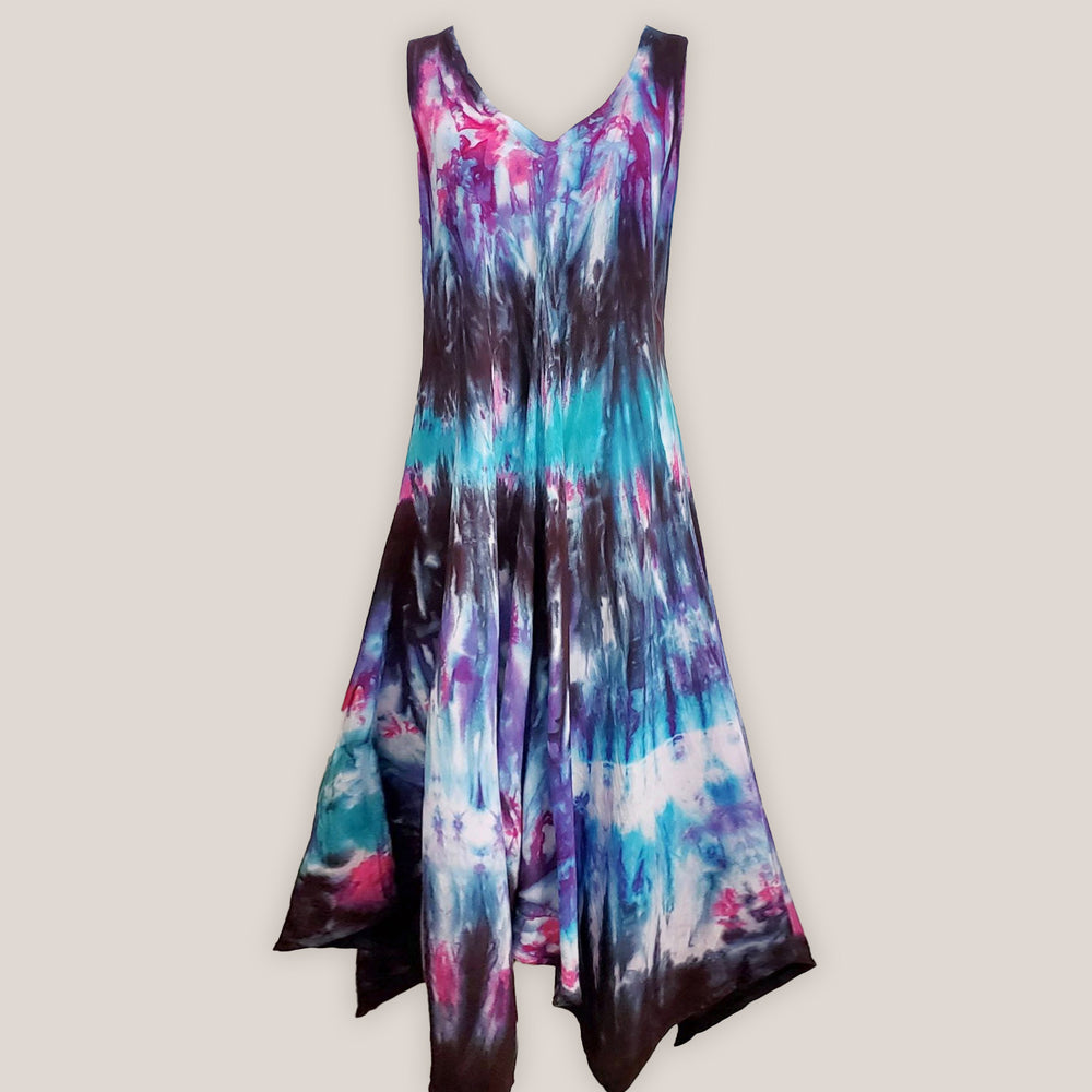 A teal, black, and purple tie dye dress.