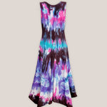 A teal, black, and purple tie dye dress.