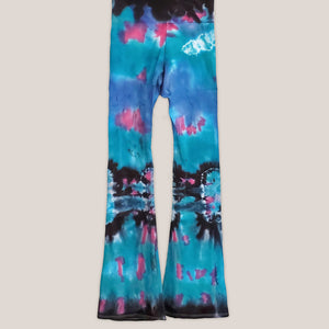 Teal, black, and blue tie dye yoga pants with a fold over waistband by Akasha Sun