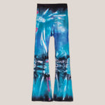 Teal, black, and blue tie dye yoga pants with a fold over waistband by Akasha Sun