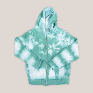 Children's tie dye jacket with a fleece interior, hood, pockets, and zipper.  The colors in the jacket are teal and white.