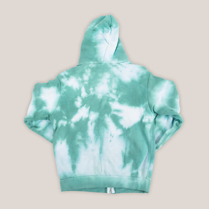 Children's tie dye jacket with a fleece interior, hood, pockets, and zipper.  The colors in the jacket are teal and white.