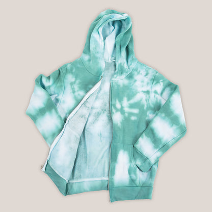 Children's tie dye jacket with a fleece interior, hood, pockets, and zipper.  The colors in the jacket are teal and white.