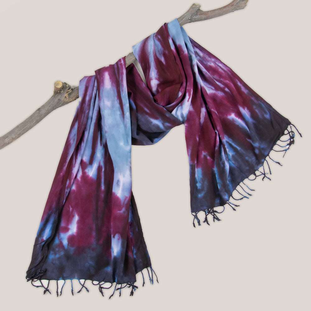 Burgundy, gray, and black tie dye scarf by Akasha Sun.