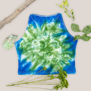 Green + blue tie dye crop top made of sustainable cotton by Akasha Sun.