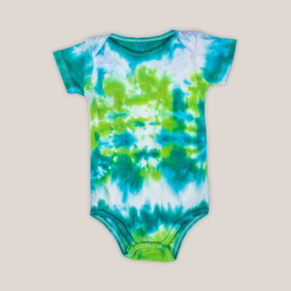 Teal and green tie dye onesie made of organic cotton.