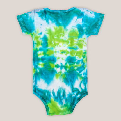 Teal and green tie dye onesie made of organic cotton.