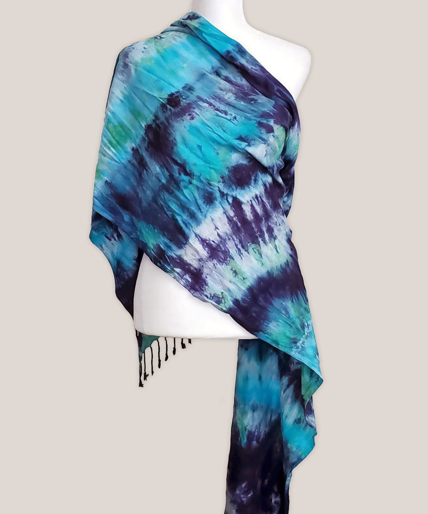 Teal and blue tie dye Scarf with fringe by Akasha Sun