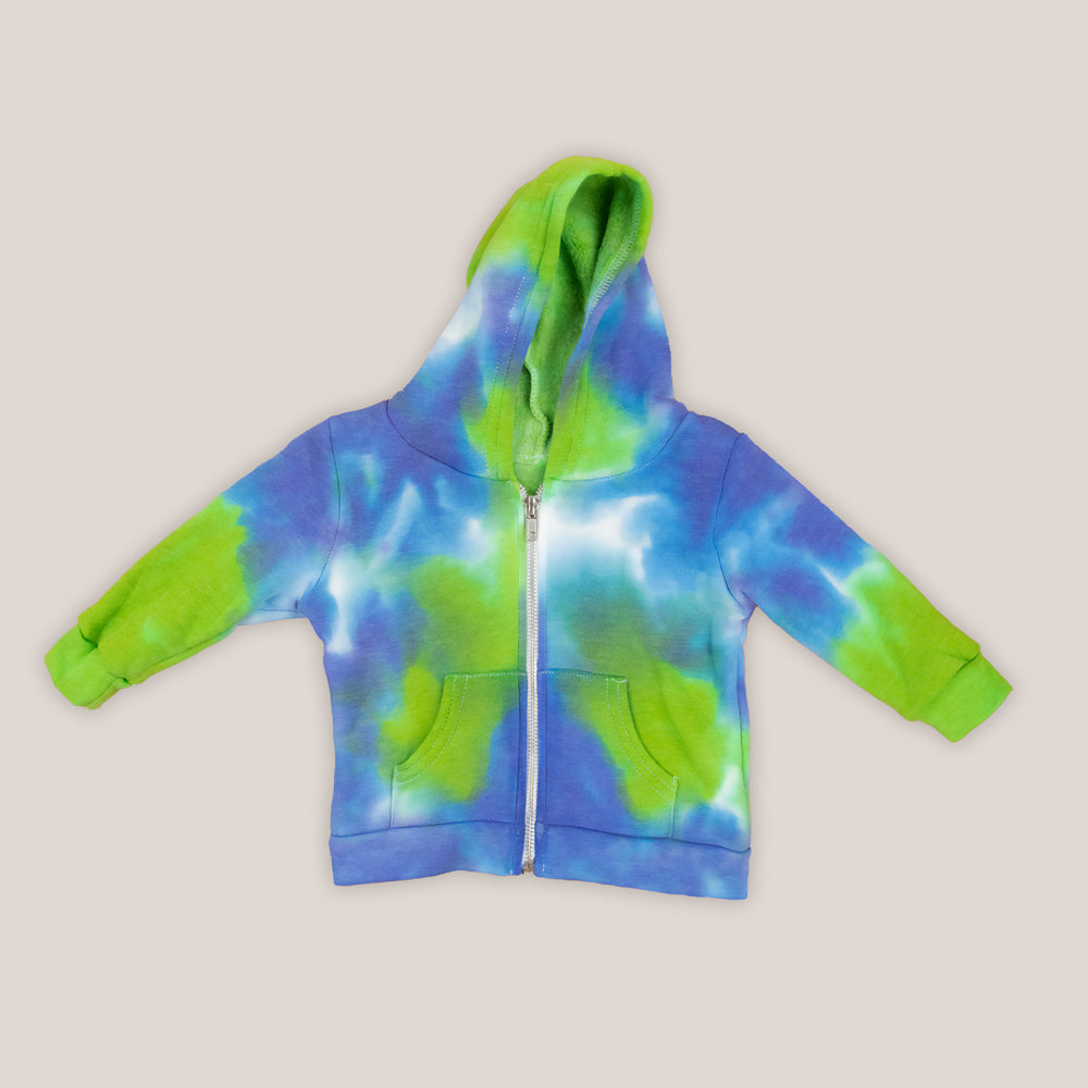 Blue and green tie dye baby zip up featuring a hood, fleece lining, and pockets.