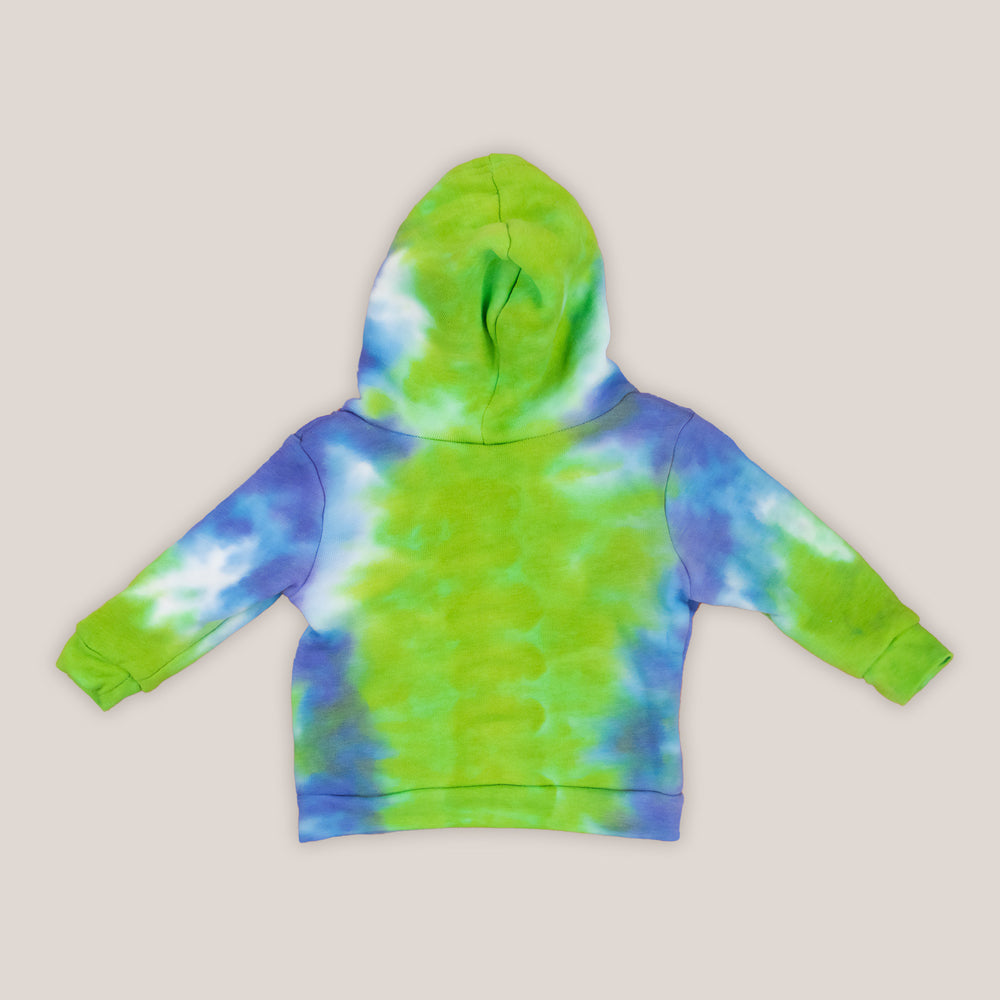 Blue and green tie dye baby zip up featuring a hood, fleece lining, and pockets.