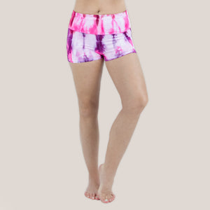 Pink and purple tie dye yoga shorts with a fold over waistband by Akasha Sun