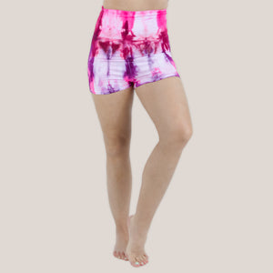 Pink and purple tie dye yoga shorts with a fold over waistband by Akasha Sun