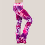 Pink, red, and purple tie dye yoga pants with a wide waistband by Akasha Sun.