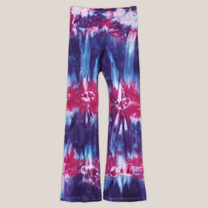 Purple and pink tie dye yoga pants with a wide waistband by Akasha Sun