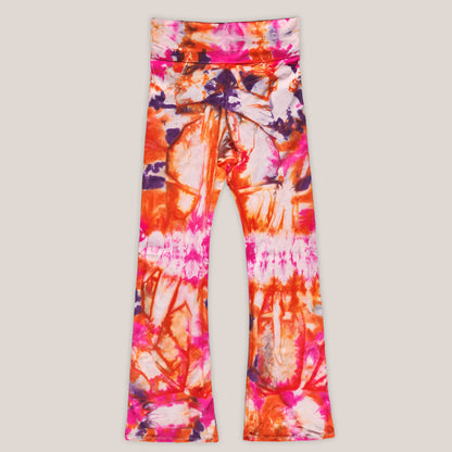 Colorful tie-dye leggings on a light gray background