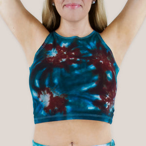 Teal and brown tie dye crop top by Akasha Sun.