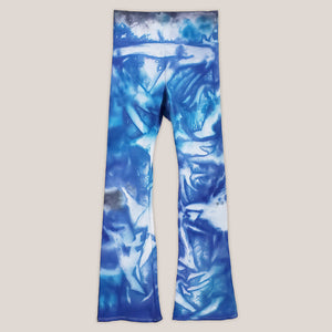 Blue and white tie dye yoga pants with a wide waistband by Akasha Sun