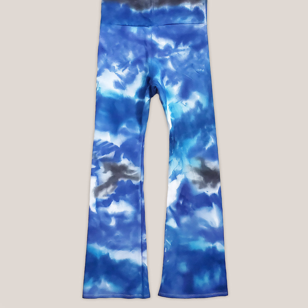 Blue and white tie dye yoga pants with a wide waistband by Akasha Sun