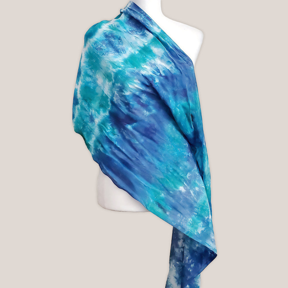 Teal and blue tie dye scarf with fringe by Akasha Sun