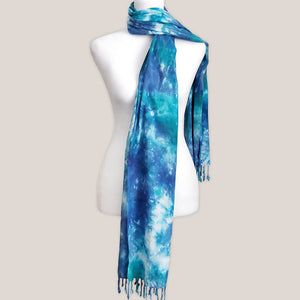 Teal and blue tie dye scarf with fringe by Akasha Sun