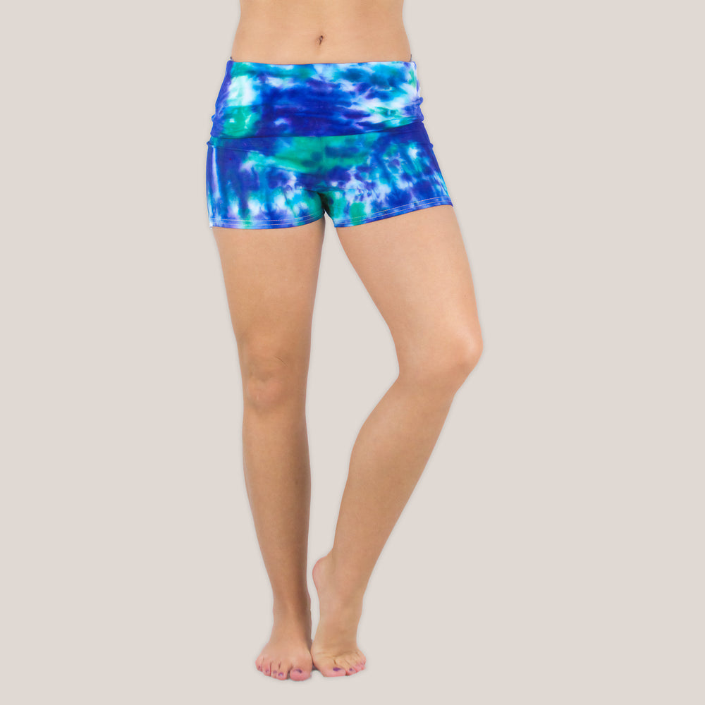 Blue and Teal Tie Dye Yoga Shorts with a Foldover Waistband by Akasha Sun