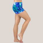 Blue and Teal Tie Dye Yoga Shorts with a Foldover Waistband by Akasha Sun