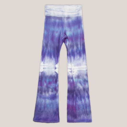 Lavender tie dye yoga pants with a wide waistband and flare bottoms by Akasha Sun