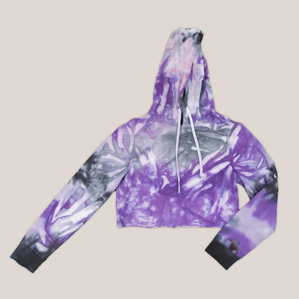 Purple and black tie dye hoodie crop top with draw strings by Akasha Sun