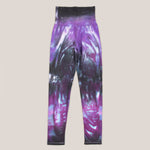 Purple and black tie dye leggings with a wide waistband by Akasha Sun.