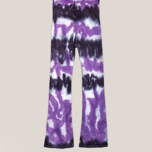 Purple and black tie dye yoga pants with wide waistband by Akasha Sun