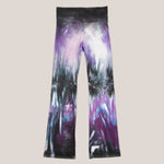 Purple and black tie dye yoga pants with wide waistband and flare bottoms by Akasha Sun.