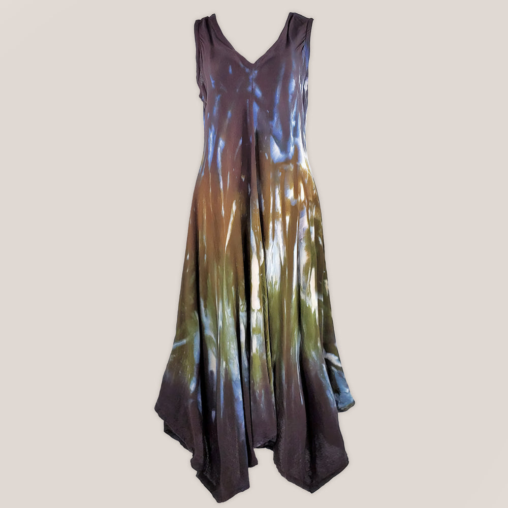 Green, brown, and black tie dye dress by Akasha Sun