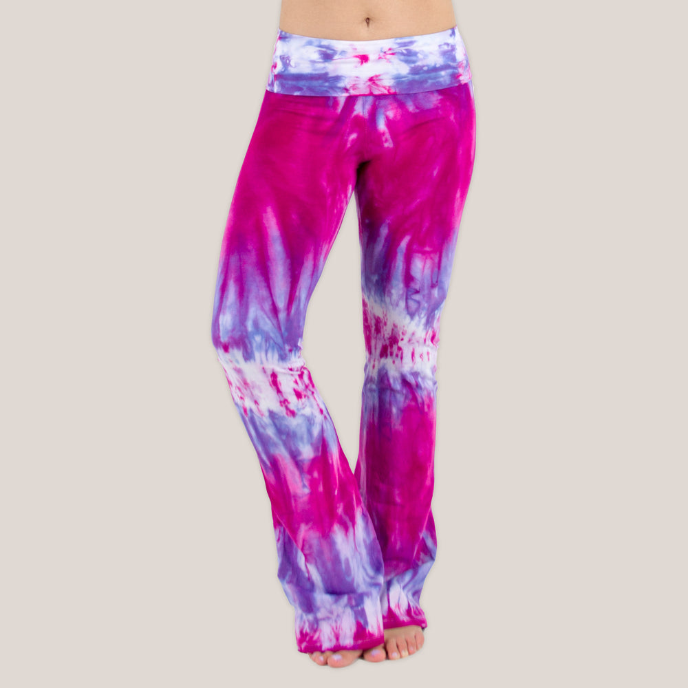 Pink and purple tie dye yoga pants with a fold over waistband by Akasha Sun